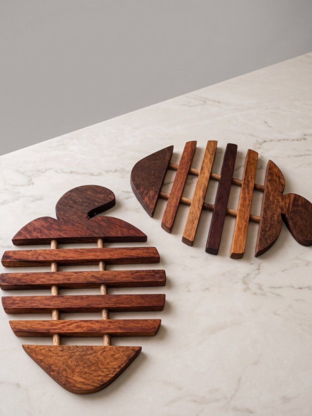 Vintage Brazilian Wood Fish Trivets Set of 2 MCM Boho Kitchen Decor 9”